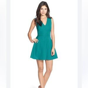 Love…Ady Fit & Flare Mini Skater Dress with Zip Up Back Teal Turquoise M V Neck
